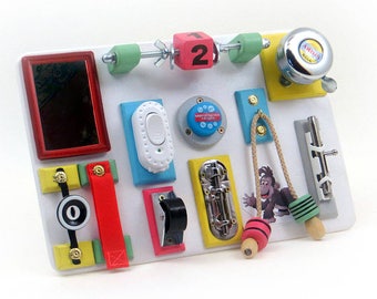 Travel busy board Sensory activity wood toy Baby busy board toddler Fine motor board Special needs Board with locks Fidget board Wood Red