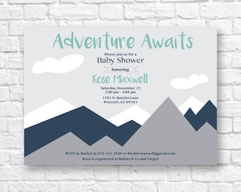 BABY SHOWER INVITATION- Adventure awaits baby shower invitation, Modern Mountain baby shower Invitation, modern baby shower invitation