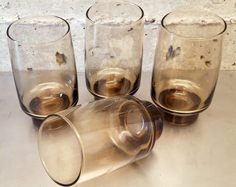 Vintage 1980's Smoked Tawney Amber Libbey Drinking Glasses/Set of 4/Tumblers/Iced Tea Glasses/Juice Glasses/Cocktails/Vintage Dining/Barware