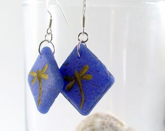 Dragonfly Cobalt Blue Sea Glass Earrings - Beach Earrings - Bohemian Earrings 925 Sterling Silver Sea Glass Jewelry - Dragonfly Jewelry
