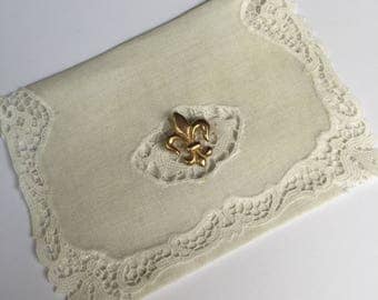 Handmade Little Bag for your Tissues Made from Vintage Linen with Fleur di Lis Pin