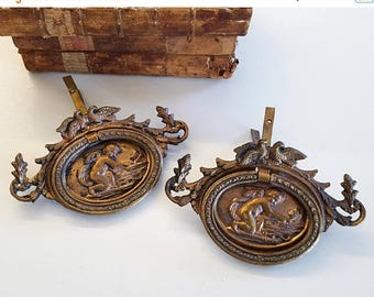 10 % SALE 2 pull brass drawer , decorative drawer pendant Antique style with angels. Romantic decor