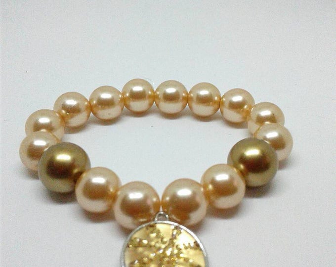 Champagne and Gold Pearl Charm Bracelet, Beadwork, Statements Piece, Gifts for her.