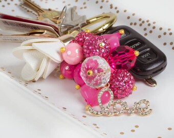 Love Keychain - Gold Keychain - Pink Keychain - Bling Keychain - Beaded Keychain - Purse Jewelry - Purse Charm - Mothers Day - Graduation