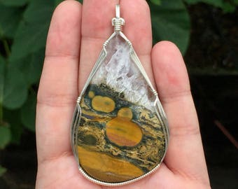 Kambaby ocean jasper pendant, Wire wrapped pendant, Sterling silver, Ocean jasper jewelry, Ocean jasper necklace