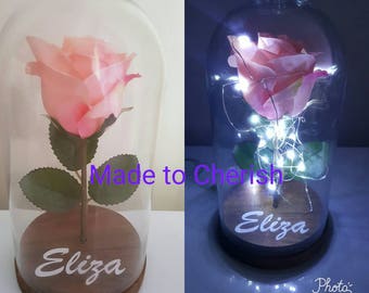 Personalised Rose in Glass Dome Light. Beauty and the Beast Style