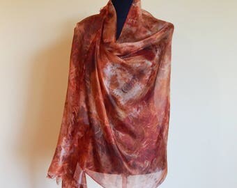 Hand Painted Silk Scarf, Brown Silk Summer Scarf, Shibori Silk Scarf, Original, Silk Painting.