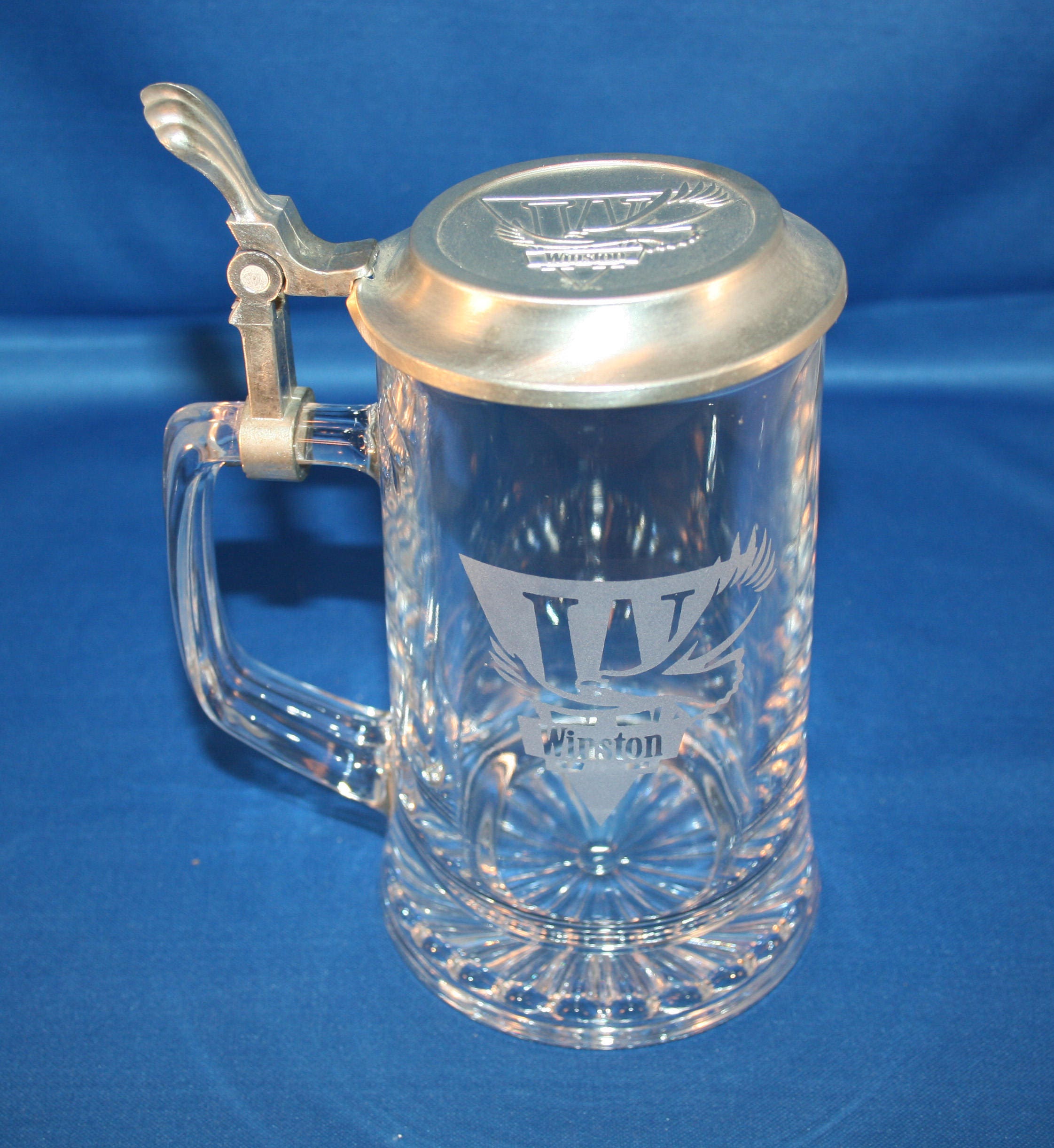 Vintage Etched Winston Glass Beer Stein Pewter Embossed Lid Glass Beer