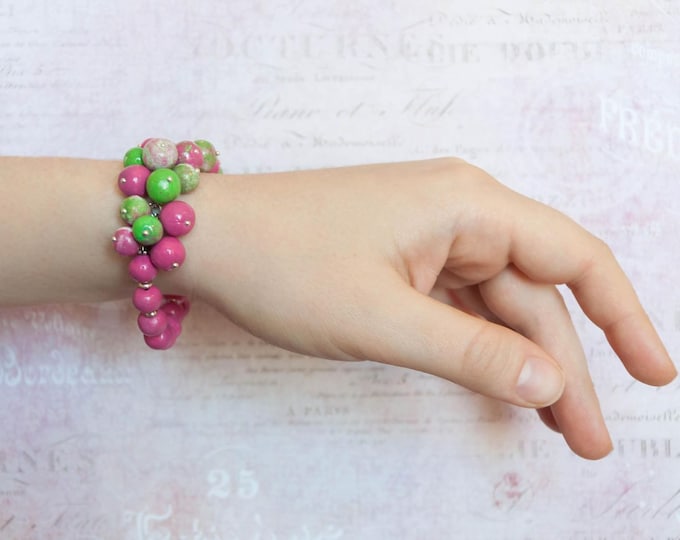 50% OFF SALE Pink beaded bracelet, Hot pink bracelet, Pink green bracelet, Pink and green bracelet, Pink chunky bracelet