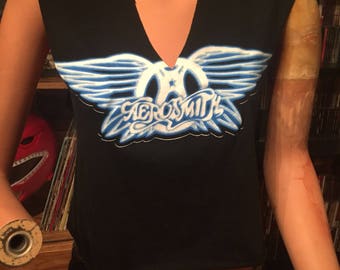 Reworked Distressed Worn Deep V-Neck Aerosmith Crop Tank