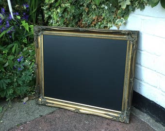 Lovely antique gold chalkboard vintage wedding menu seat plan.