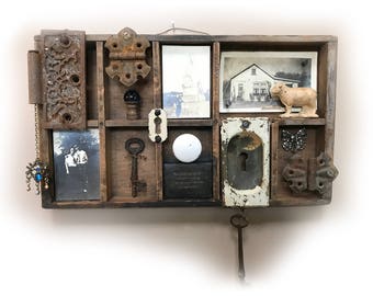 Happy as Kings Found Object Assemblage — Rustic Found Object Assemblage — Antique Key Assemblage