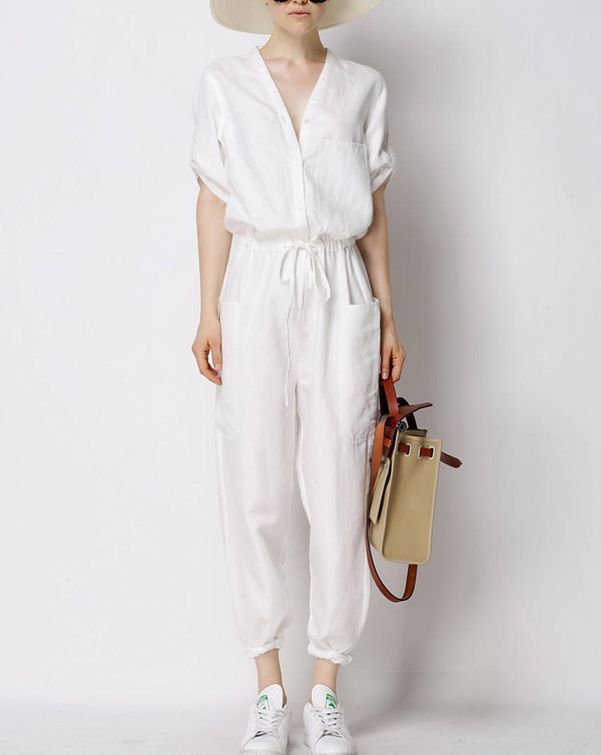 Casual loose linen jumpsuit linen overall women wide legged