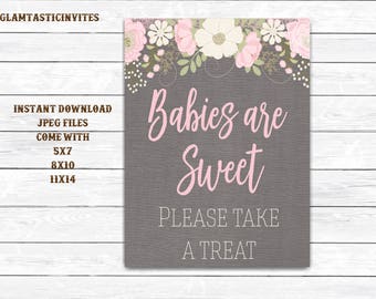 Baby Shower Sign, Baby Shower Favors Sign, Babies are Sweet Take a Treat Sign, Floral Baby Shower Sign, Rustic Sign, Grey, Canvas, Printable