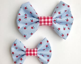 Floral Picnic fabric Kenzie Bow, hair bow on clip or headband, blue floral bow, plaid bow