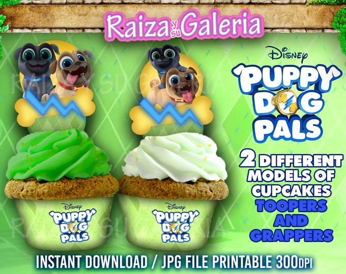 Puppy Dogs Pals Cupcakes Toppers and Wrappers for Birthday Party - Bingo Rolly Disney Junior - Instant Download HD file JPG 300 dpi.