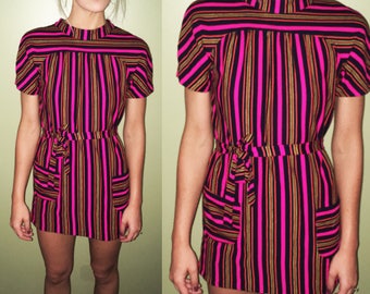 60s Vintage Mod Hot Pink Navy Striped Mini Dress Tunic
