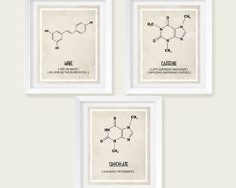 Instant Download, Set of 3, Funny Kitchen Print, Caffeine, Wine, Chocolate, Molecule, Kitchen Art, Silly Print, Funny Print, Kitchen Decor