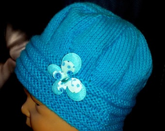 Winter Beanie Hat hand knitted baby size turquoise 1/3 months