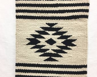 Peruvian wool textile, Tribal pattern wall hanging, black and white table runner, Hand loomed wool textile
