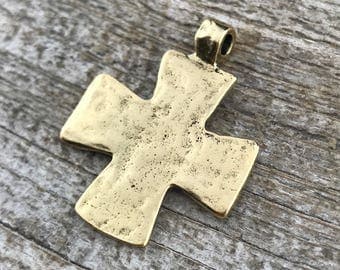 Hammered Cross Pendant, Gold Cross, Leather Pendant, Artisan Cross, Religious Jewelry, Cross Charm, Christian Jewelry, Gift for Her, Finding