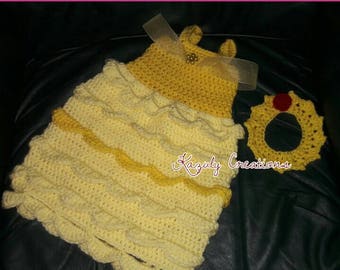 Beauty princess crochet photo prop , belle crochet dress , dress and crown baby outfit , newborn photo prop , yellow and red girl prop