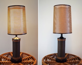 Vintage Mid Century Table Lamp, Wood Lamp, Wood Table Lamp, Danish Modern Lamp with Wicker Woven Double Lamp Shade