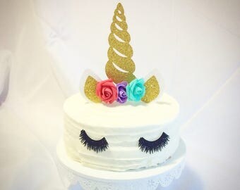 Unicorn cake topper-unicorn party-unicorn theme-FLOWERS INCLUDED-gold horn-unicorn birthday-unicorn party supplies-include your event date