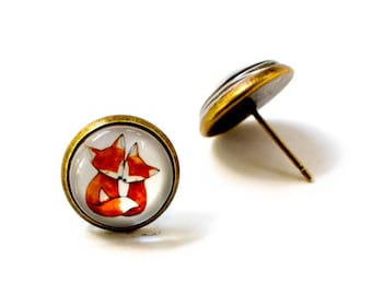 Cuddle fox earrings, Fox Earrings, Fox Jewelry, Orange Fox Earrings, Glass Stud Earrings, Fox Earring Studs
