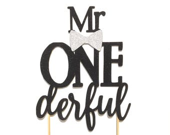 1 pc Mr ONE derful script Black Glitter Cake Topper bow tie first Birthday boy Baby shower cake smash party
