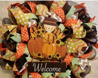 SALE Fall Welcome Wreath, Fall Wreath, Fall Wreaths, Scarecrow Wreath, Harvest Wreath,Thanksgiving Wreath, Happy Thanksgiving