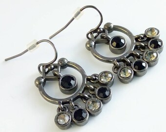 Vintage 34mm rhinestone drop earrings, black rhinestone drop earrings, vintage rhinestone earrings, black rhinestone chandelier earrings