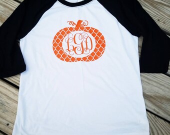 Monogrammed Pumpkin, Monogrammed Pumpkin Raglan, Fall shirt, Monogrammed Pumpkin Shirt, Fall Shirt, Monogrammed Fall Shirt, Pumpkins