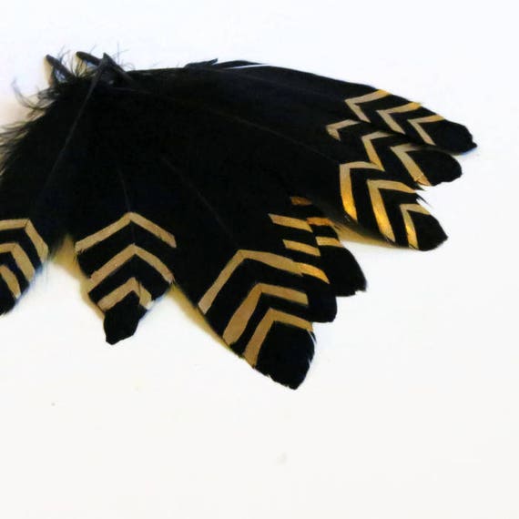Black and Gold Painted Feathers Cruelty Free Feathers Gold
