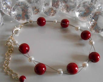 Wedding bracelet twist of Burgundy and white pearls