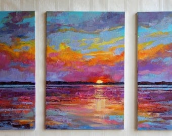 Palette knife oil painting Original gift for Colorful sky painting Original oil Set of 3 wall art decor Sunset bright Art purple yellow Blue