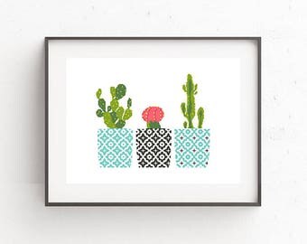 Floral cross stitch pattern Cactus embroidery sampler Geometric PDf pattern Counted xstitch Printable pdf pattern Modern birthday DIY gift