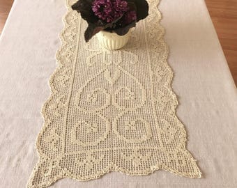 Vintage Lace Table Runner, Creamy Filet Lace Table Runner, Side Board Scarf, Credenza Scarf, Dresser Scarf, Vintage Table Linens