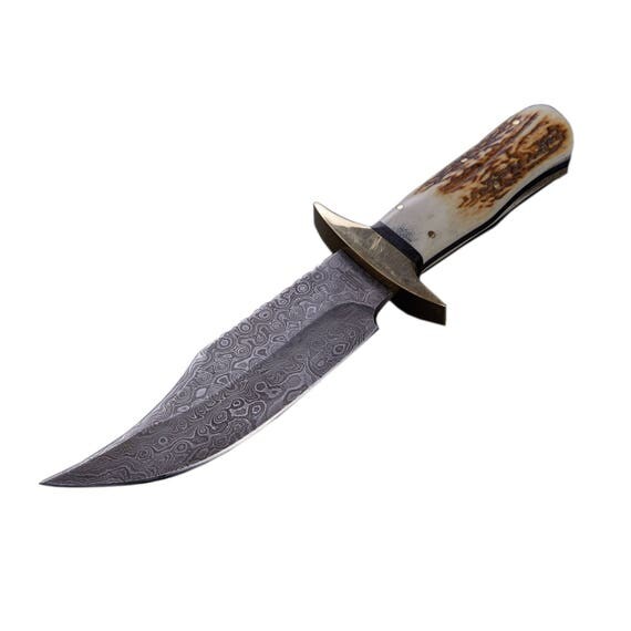 Custom Handmade Damascus Fixed Blade Hunting Bowie Knife Stag