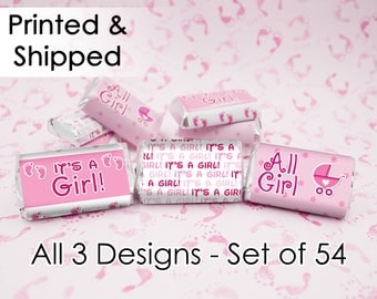 It's a Girl Baby Shower Party Decorations Pink Favor Stickers for Hershey's Miniatures Candy Bars (Set of 54)