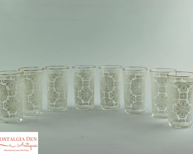 Federal Glass Tumblers | White and Gold 10 Oz MCM Drinking Glasses - Set Of 8