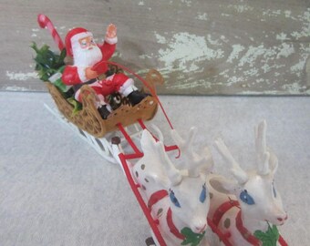 Vintage Kitschy Santa Sled & Reindeer Vintage Christmas Decor Plastic Santa And Reindeer