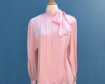 1980s pink satin tie blouse/dynasty/soap opera/designing women/julia sugarbaker/pretty in pink/secretary/size large x large