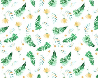 Cotton fabric - pattern in ferns, flowers and leaves
