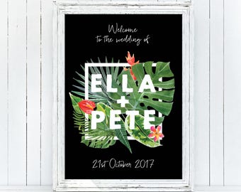 Printable Wedding Welcome Sign, Tropical Wedding Sign, Palm Wedding Sign, DIY Wedding Sign, Tropical, Beach, Summer, Modern, Black (Ella)
