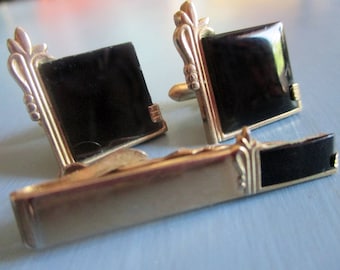 Vintage SWANK Cufflinks and Tie Clip Set, Art Deco, Black Glass, Gold Tone, Mens Accessories, Groomsmen, Gifts for Him, Mens Jewelry, 1950s