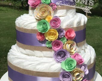Floral Diaper Cake - Baby Shower Gift or Centerpiece