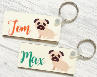 Pug keyrings; pug bag tags; personalised pug items