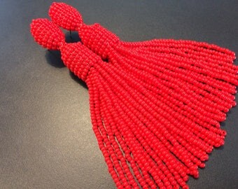 Red tassel earrings oscar de la renta Beaded Tassel earrings Long tassel earrings beaded long seed bead earrings tassel long beaded
