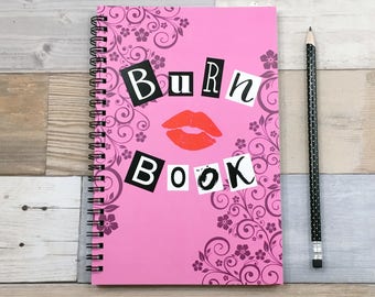 Writing journal, spiral notebook, sketchbook, bullet journal, diary, pink and black, mean girls, blank lined or grid paper - Burn book